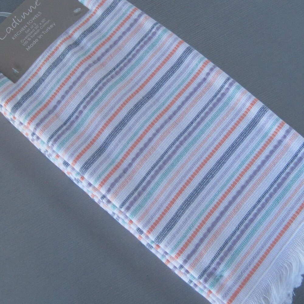 LADINNE KITCHEN DISH TEA TOWELS PASTEL STRIPES FRINGE 20 X 30 NIP (3) pack